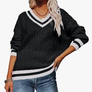 Black and White V-Neck Cable Knit Sweater